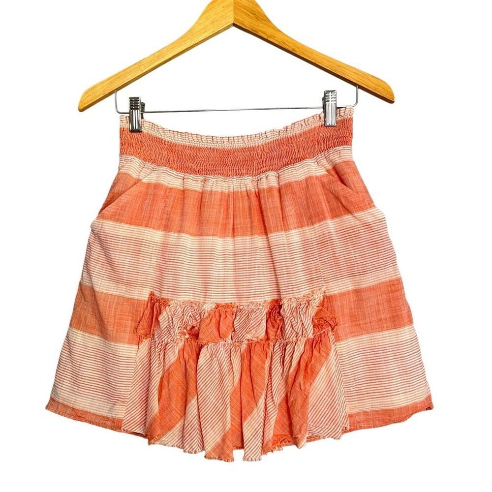 Banana Republic Ruffled Smocked Skirt Size 2 Gauze Beachy Rainbow Striped Fringe
